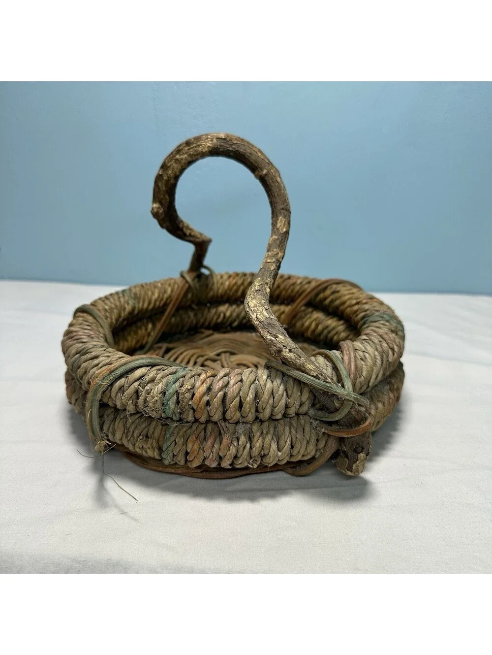 Vintage Rustic Twig Handle Woven Basket Boho Gathering Vine Handle Coil Wicker